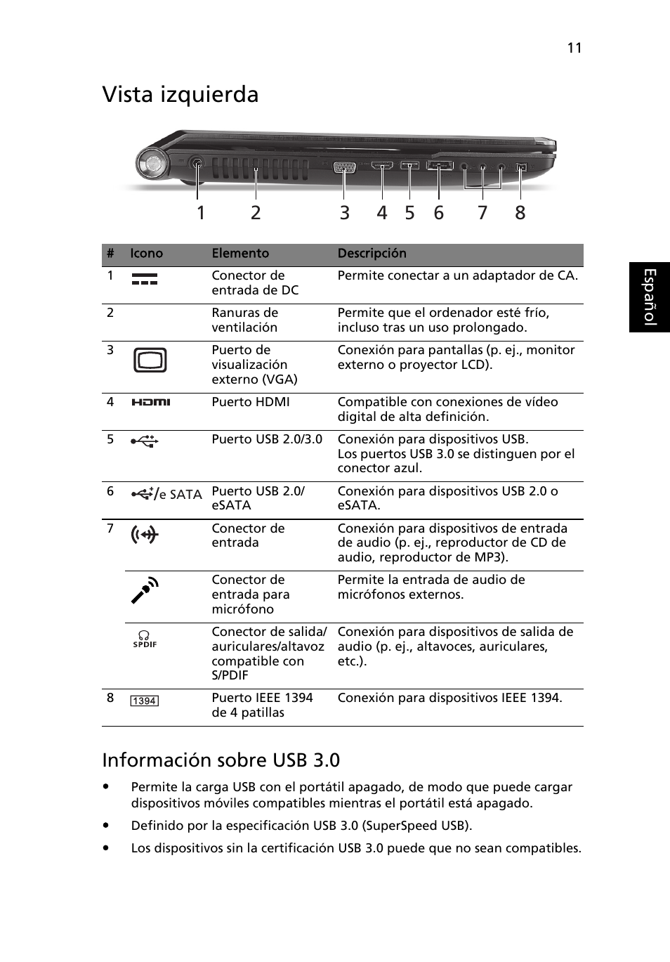 Vista izquierda, Información sobre usb 3.0 | Acer Aspire 8951G User Manual | Page 69 / 440