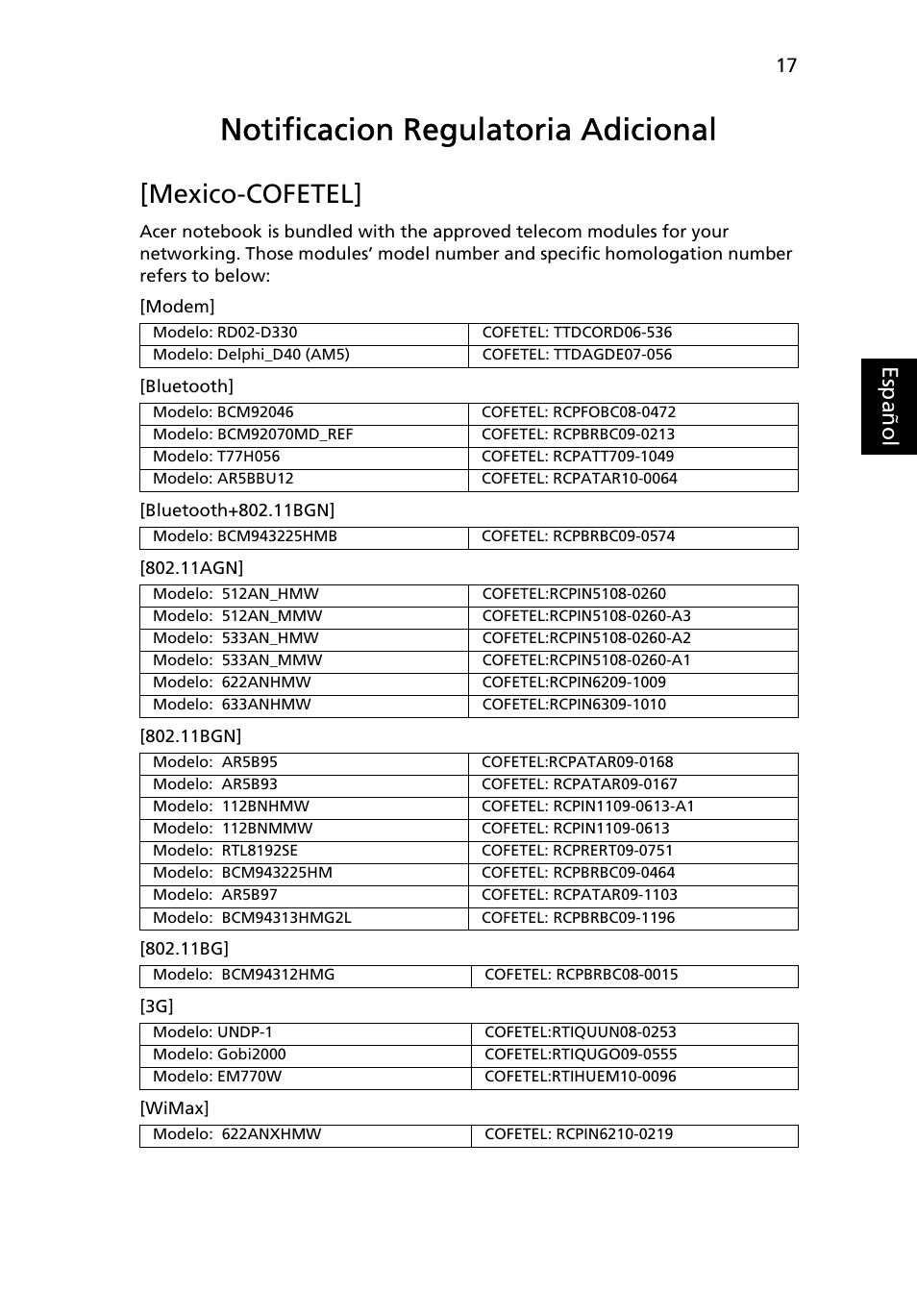 Notificacion regulatoria adicional, Mexico-cofetel, Eng lish es paño l | Acer Aspire 8951G User Manual | Page 75 / 440