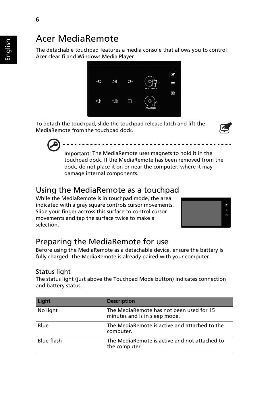 Acer mediaremote, Using the mediaremote as a touchpad, Preparing the mediaremote for use | Acer Aspire 8951G User Manual | Page 8 / 440