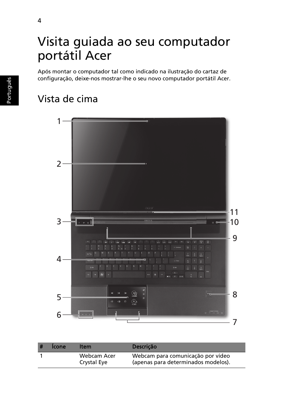 Visita guiada ao seu computador portátil acer, Vista de cima | Acer Aspire 8951G User Manual | Page 80 / 440