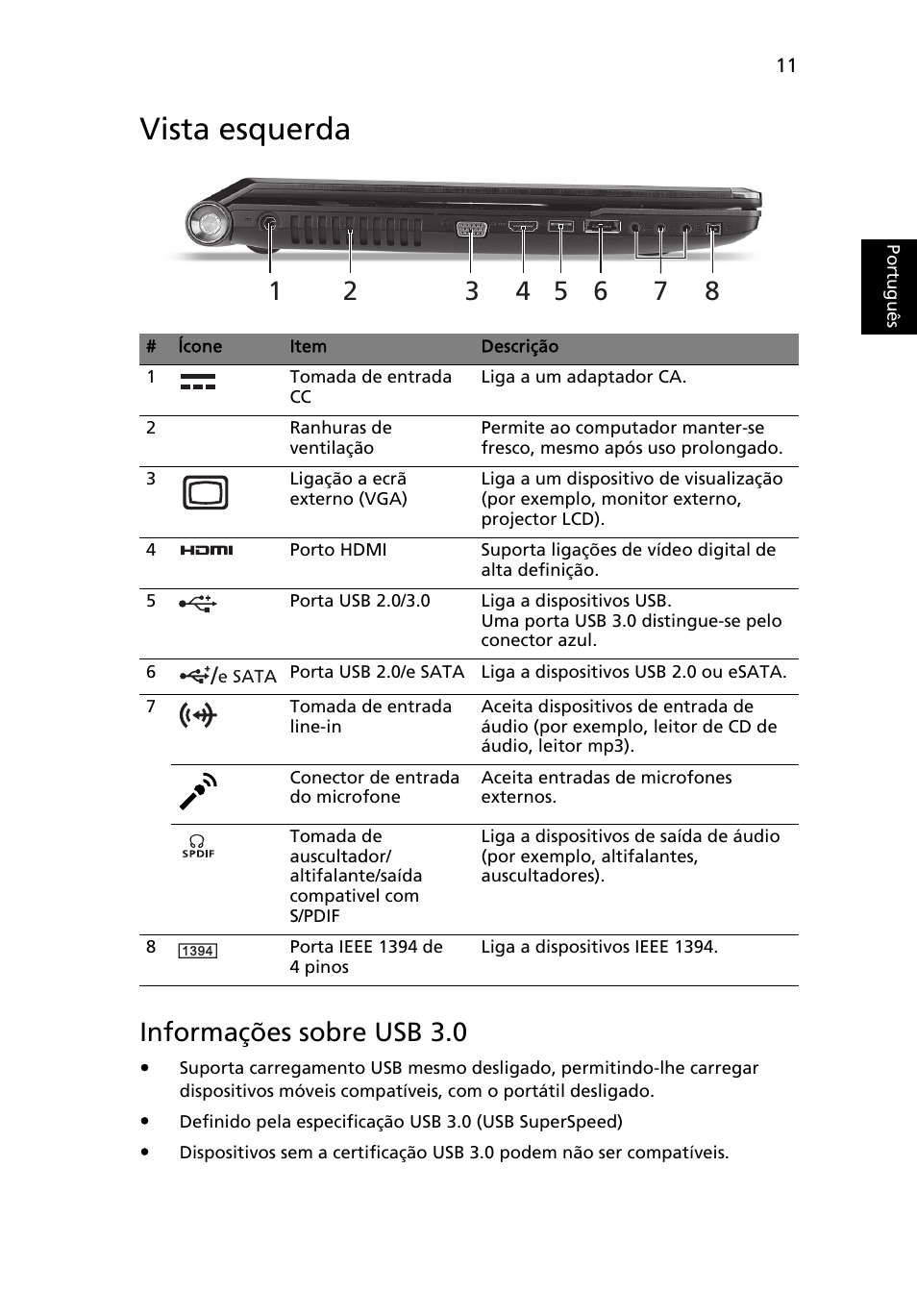 Vista esquerda, Informações sobre usb 3.0 | Acer Aspire 8951G User Manual | Page 87 / 440