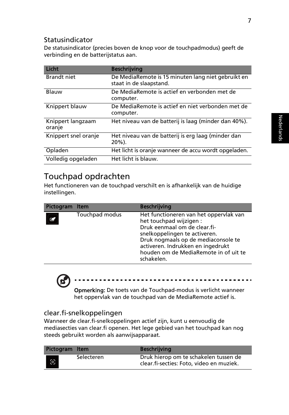 Touchpad opdrachten, Statusindicator, Clear.fi-snelkoppelingen | Acer Aspire 8951G User Manual | Page 97 / 440