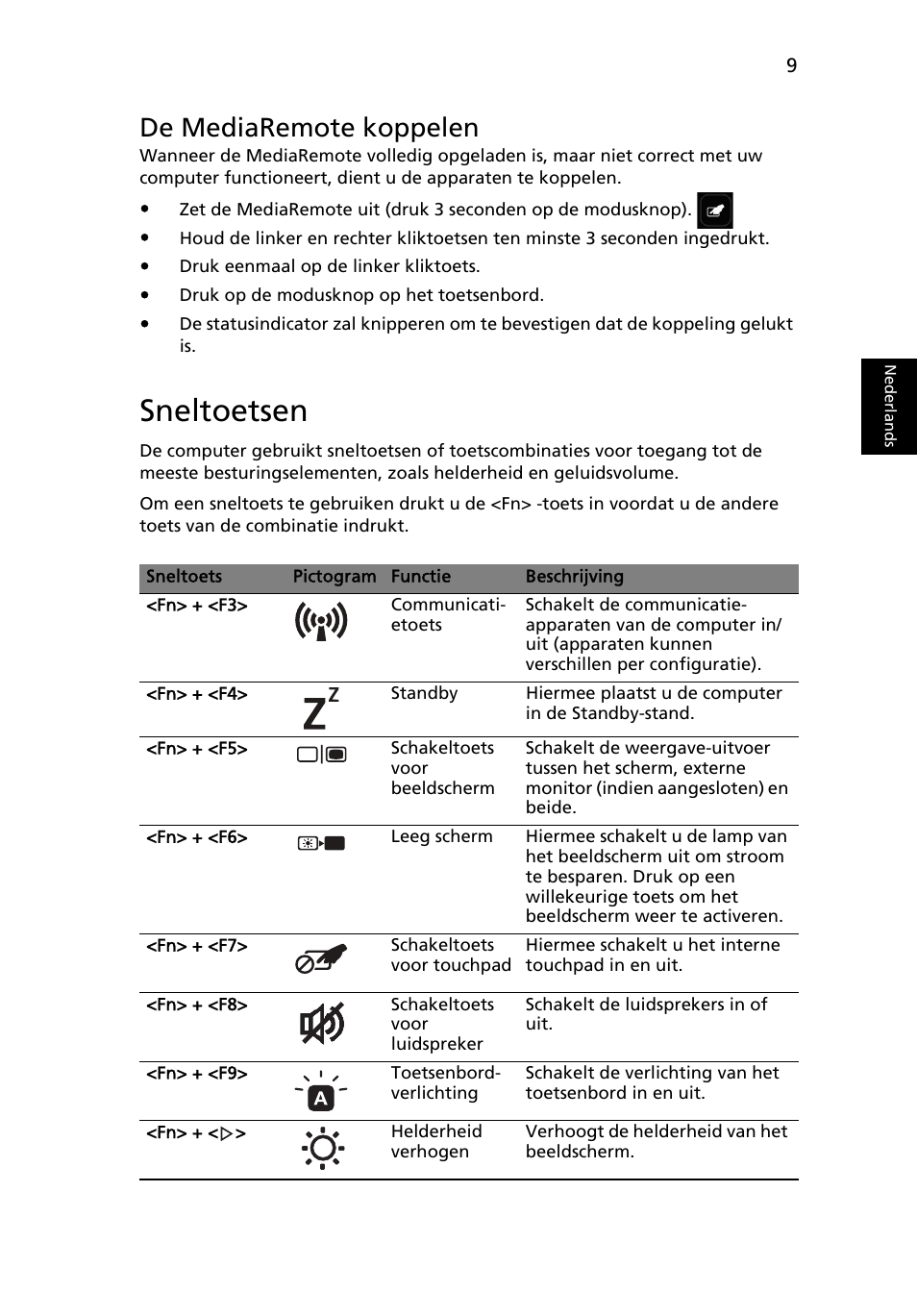 Sneltoetsen, De mediaremote koppelen | Acer Aspire 8951G User Manual | Page 99 / 440