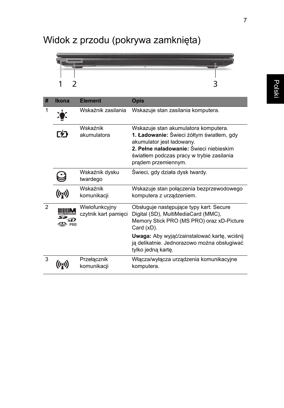 Widok z przodu (pokrywa zamknięta) | Acer TravelMate 7750Z User Manual | Page 133 / 316