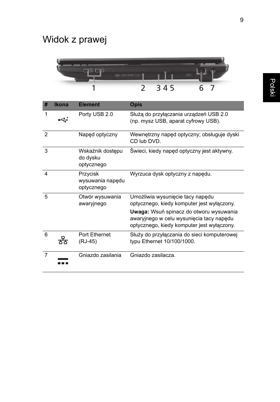 Widok z prawej | Acer TravelMate 7750Z User Manual | Page 135 / 316