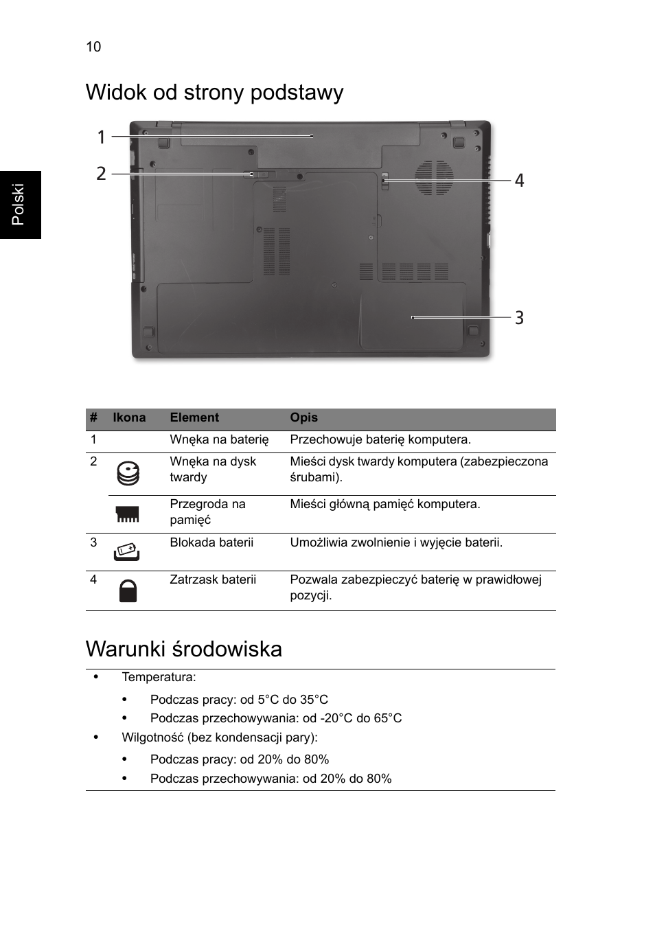 Widok od strony podstawy, Warunki środowiska, Widok od strony podstawy warunki środowiska | Acer TravelMate 7750Z User Manual | Page 136 / 316