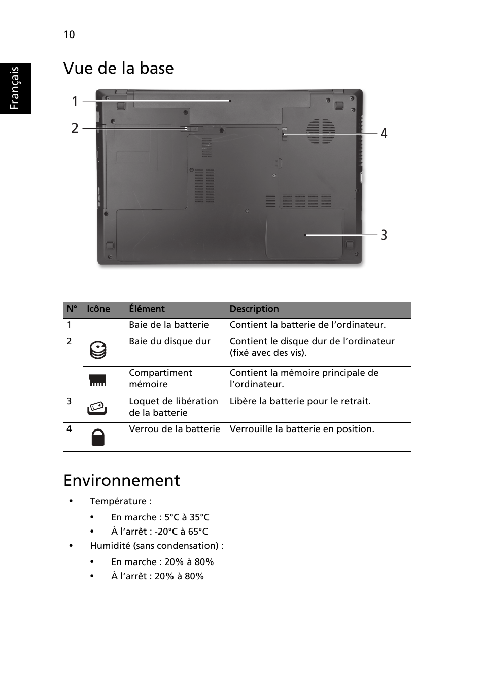 Vue de la base, Environnement, Vue de la base environnement | Acer TravelMate 7750Z User Manual | Page 22 / 316