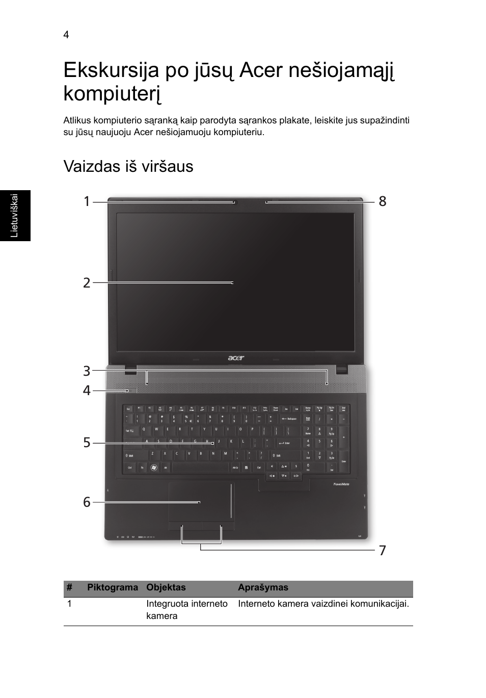 Ekskursija po jūsų acer nešiojamąjį kompiuterį, Vaizdas iš viršaus | Acer TravelMate 7750Z User Manual | Page 230 / 316