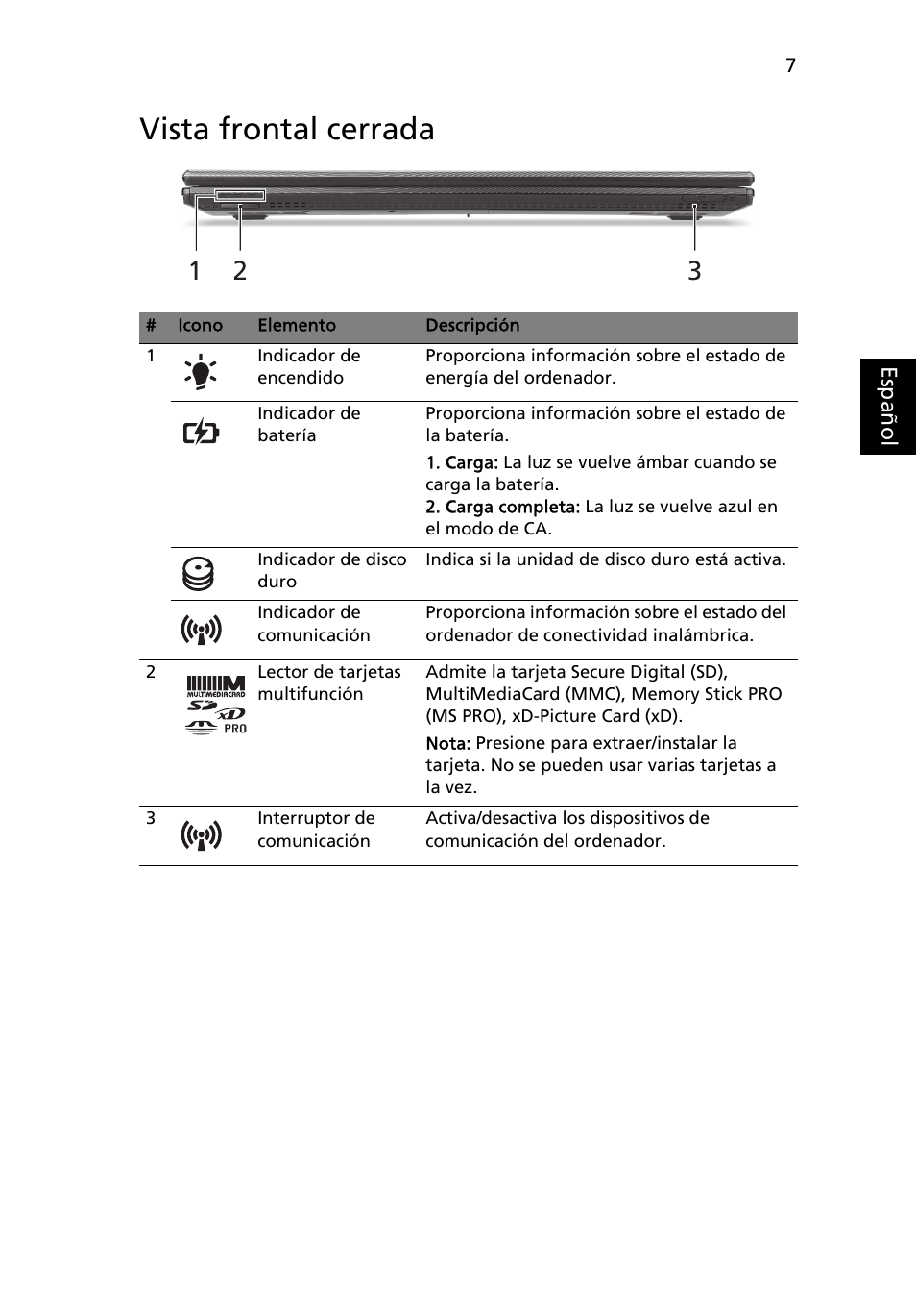 Vista frontal cerrada | Acer TravelMate 7750Z User Manual | Page 49 / 316