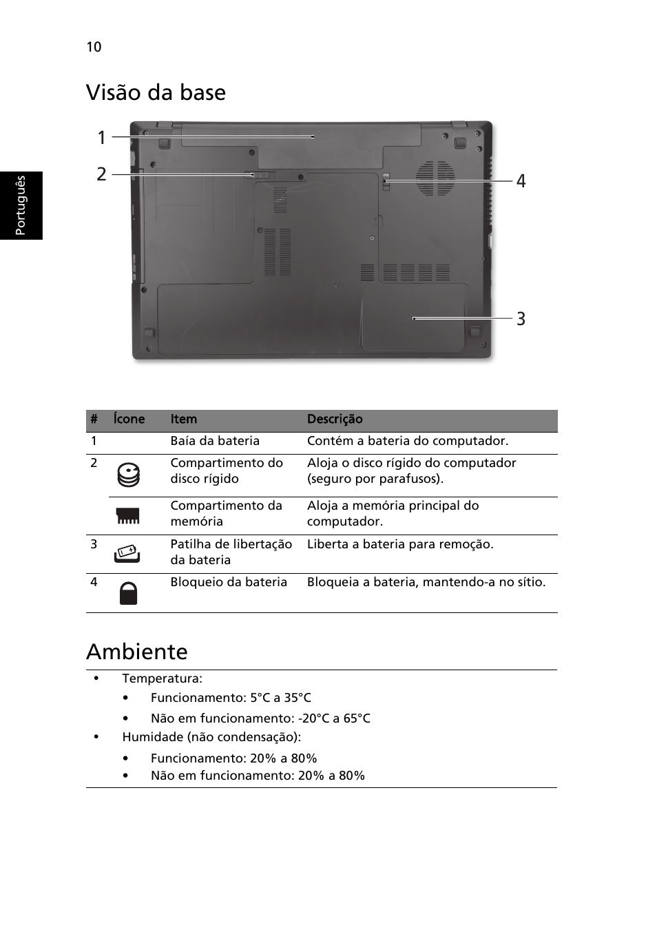 Visão da base, Ambiente, Visão da base ambiente | Acer TravelMate 7750Z User Manual | Page 66 / 316