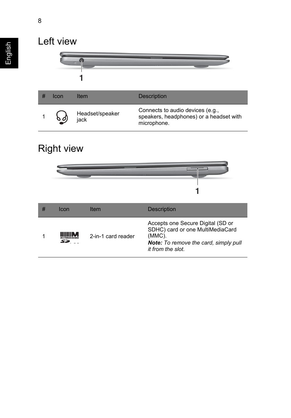 Left view, Right view, Left view right view | Acer Aspire S3-391 User Manual | Page 10 / 366