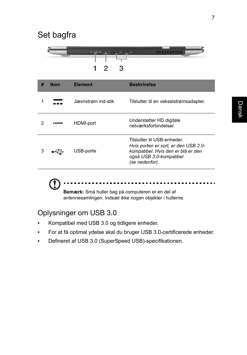 Set bagfra, Oplysninger om usb 3.0 | Acer Aspire S3-391 User Manual | Page 109 / 366