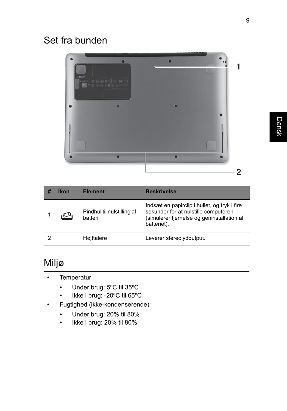 Set fra bunden, Miljø, Set fra bunden miljø | Acer Aspire S3-391 User Manual | Page 111 / 366