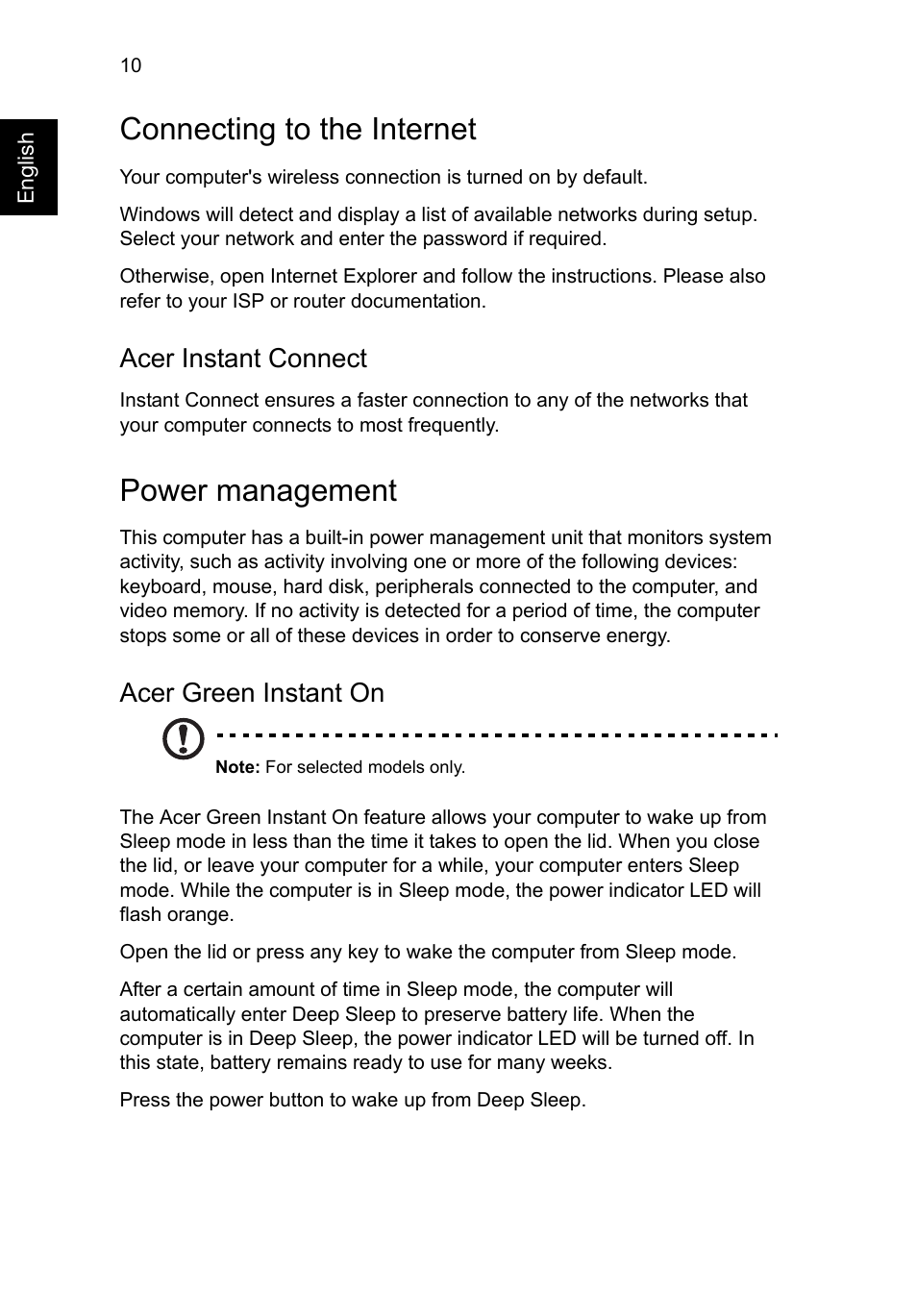 Connecting to the internet, Power management, Acer instant connect | Acer green instant on | Acer Aspire S3-391 User Manual | Page 12 / 366