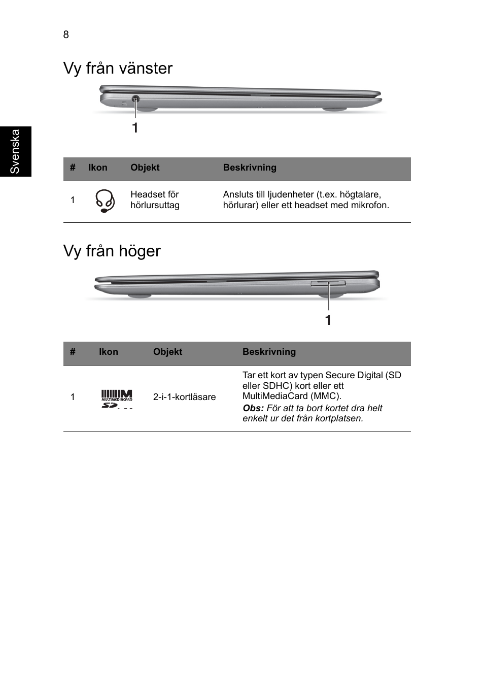 Vy från vänster, Vy från höger, Vy från vänster vy från höger | Acer Aspire S3-391 User Manual | Page 122 / 366
