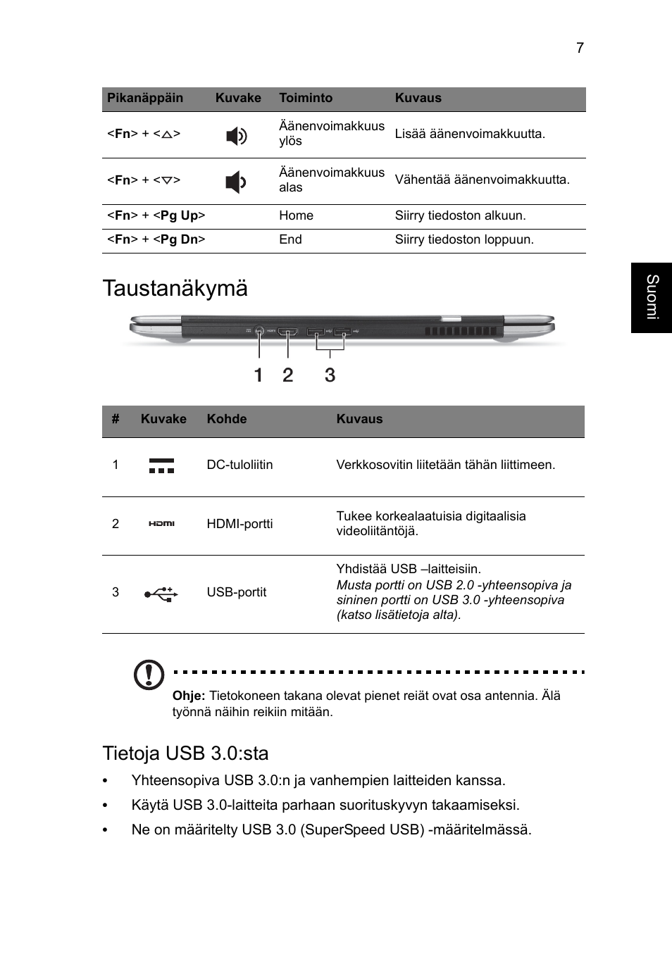 Taustanäkymä, Tietoja usb 3.0:sta | Acer Aspire S3-391 User Manual | Page 133 / 366