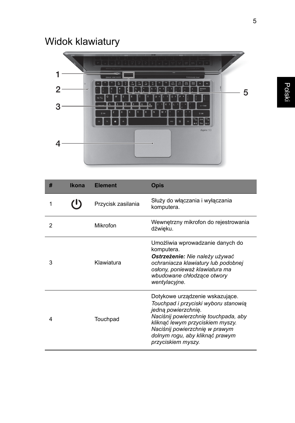 Widok klawiatury | Acer Aspire S3-391 User Manual | Page 155 / 366