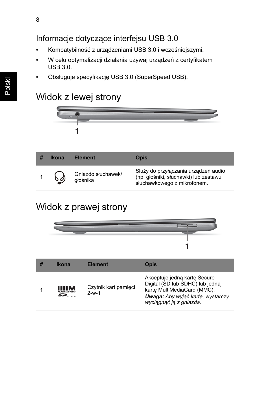 Widok z lewej strony, Widok z prawej strony, Widok z lewej strony widok z prawej strony | Informacje dotyczące interfejsu usb 3.0 | Acer Aspire S3-391 User Manual | Page 158 / 366