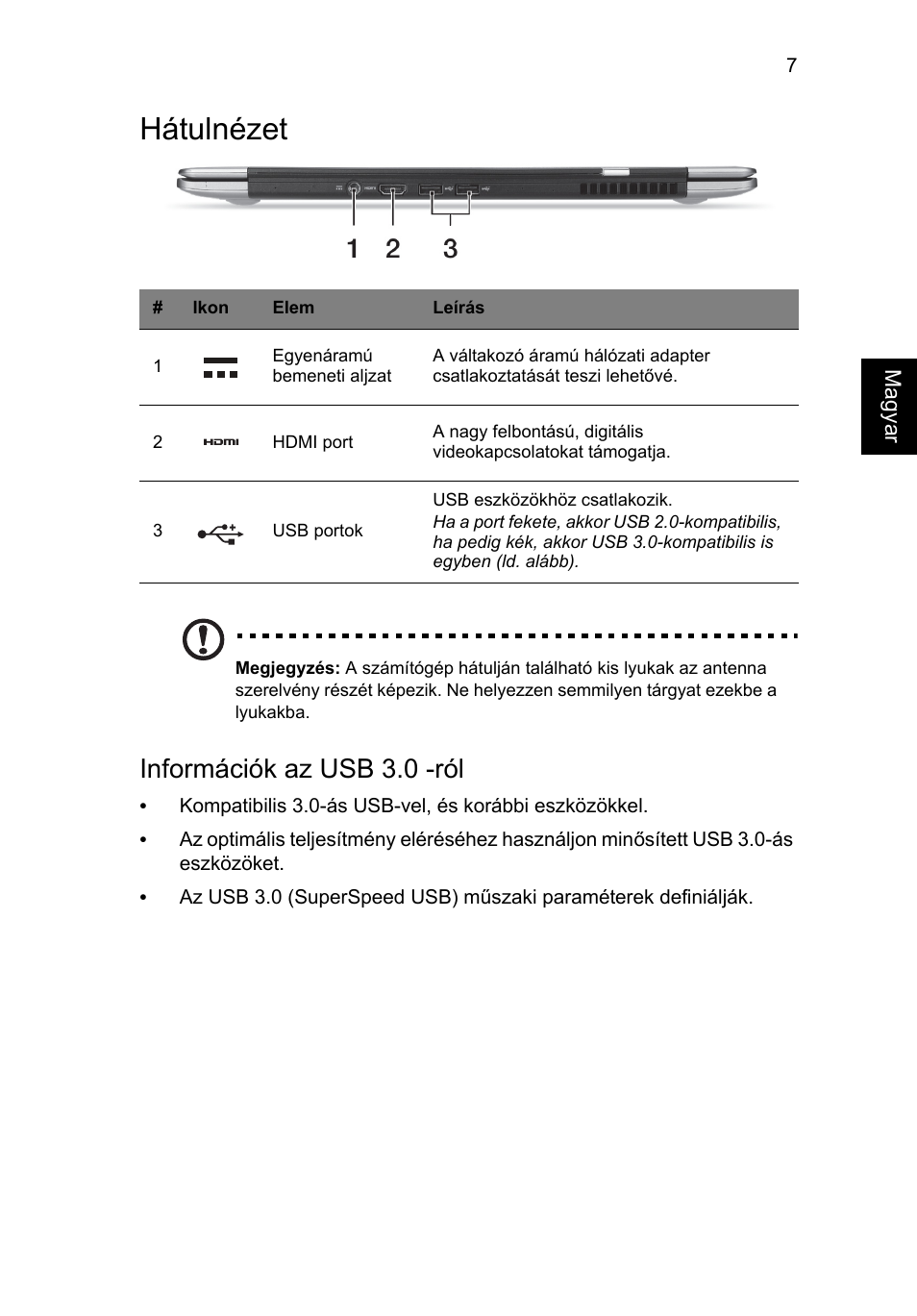 Hátulnézet, Információk az usb 3.0 -ról | Acer Aspire S3-391 User Manual | Page 169 / 366