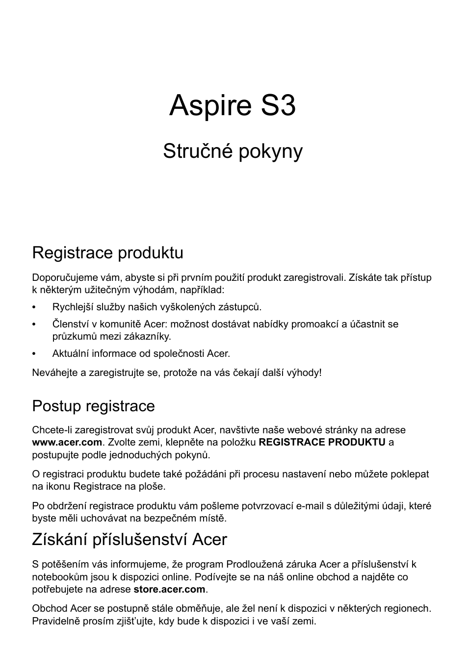 Čeština, Registrace produktu, Postup registrace | Získání příslušenství acer, Aspire s3, Stručné pokyny | Acer Aspire S3-391 User Manual | Page 175 / 366