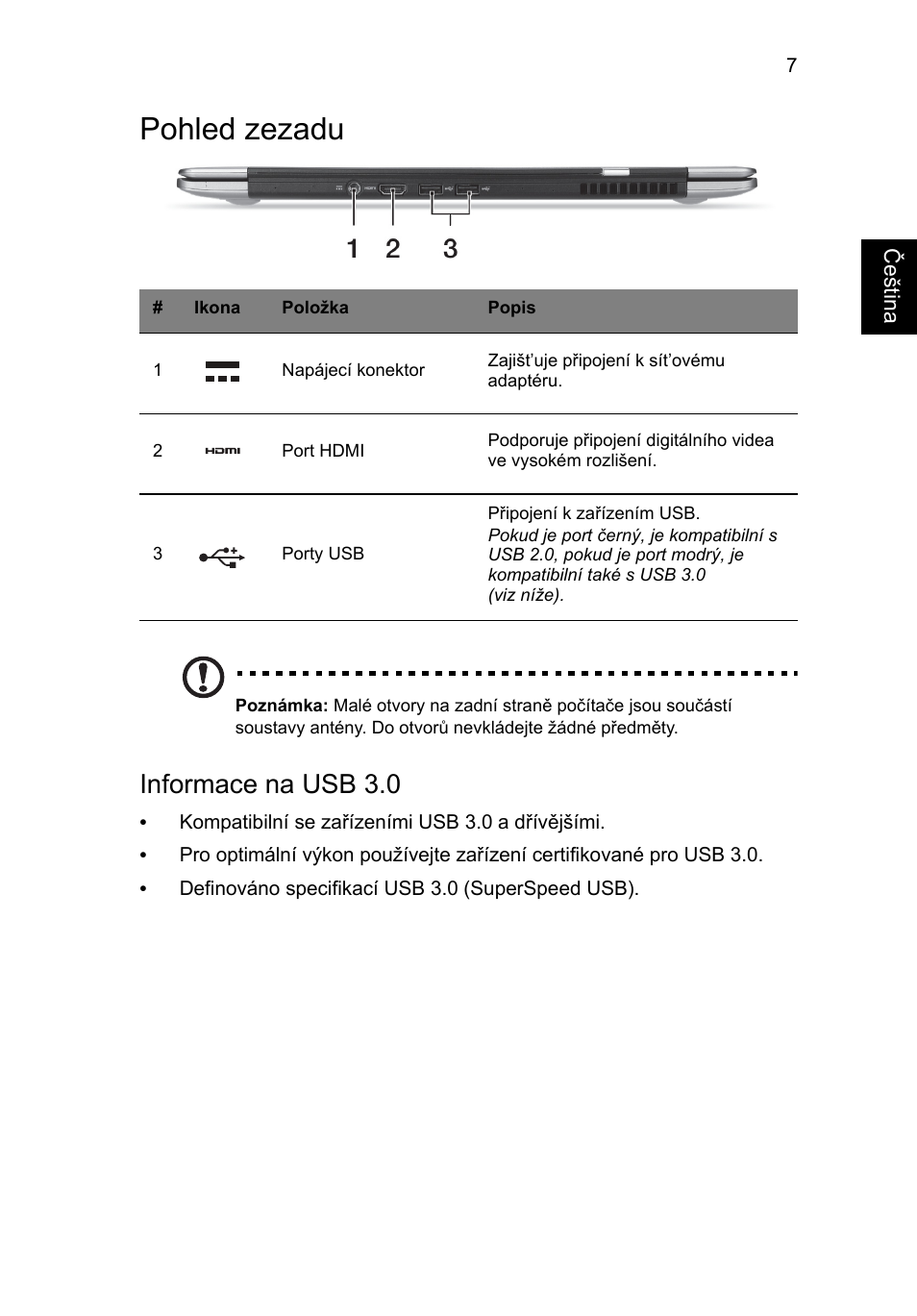 Pohled zezadu, Informace na usb 3.0 | Acer Aspire S3-391 User Manual | Page 181 / 366