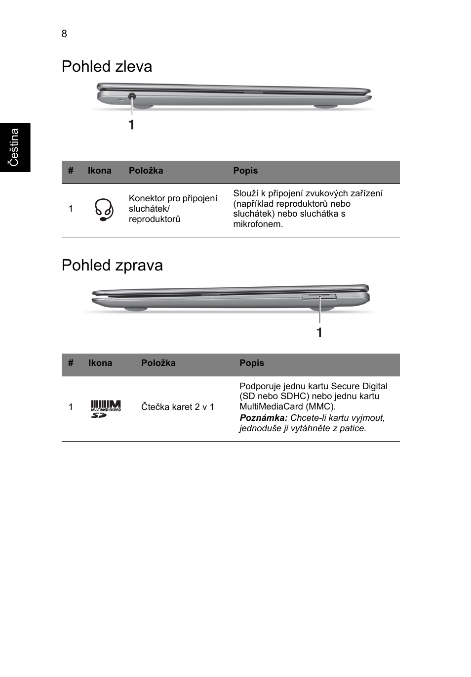 Pohled zleva, Pohled zprava, Pohled zleva pohled zprava | Acer Aspire S3-391 User Manual | Page 182 / 366