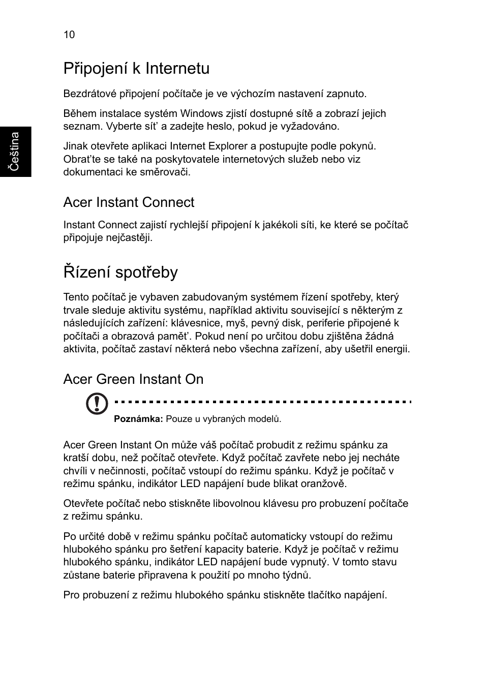 Připojení k internetu, Řízení spotřeby, Acer instant connect | Acer green instant on | Acer Aspire S3-391 User Manual | Page 184 / 366
