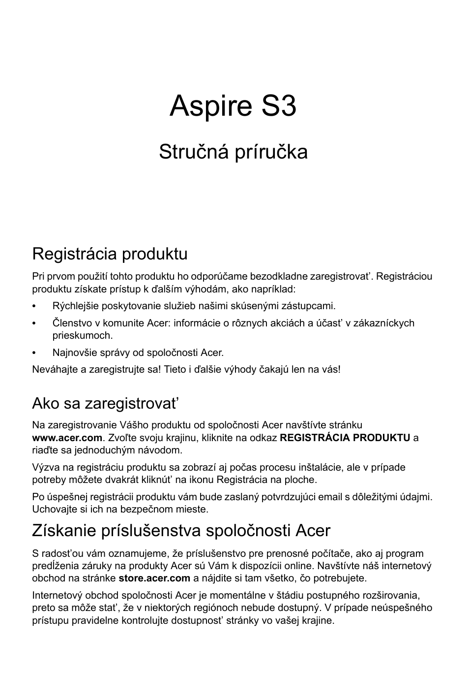 Slovenčina, Registrácia produktu, Ako sa zaregistrovat | Získanie príslušenstva spoločnosti acer, Aspire s3, Stručná príručka | Acer Aspire S3-391 User Manual | Page 187 / 366