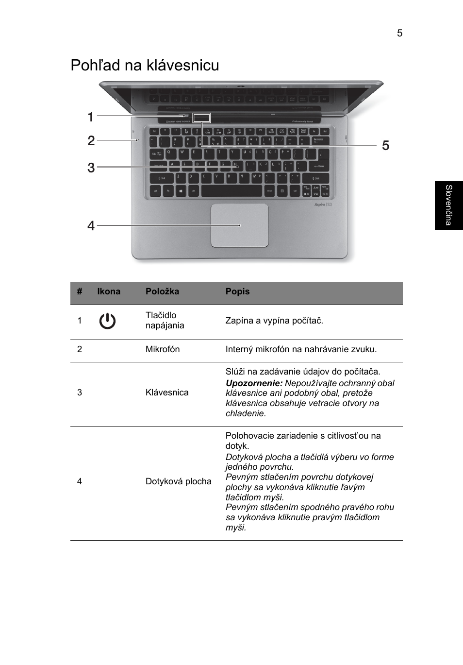 Pohľad na klávesnicu | Acer Aspire S3-391 User Manual | Page 191 / 366