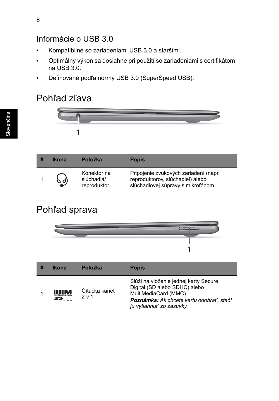Pohľad zľava, Pohľad sprava, Pohľad zľava pohľad sprava | Informácie o usb 3.0 | Acer Aspire S3-391 User Manual | Page 194 / 366