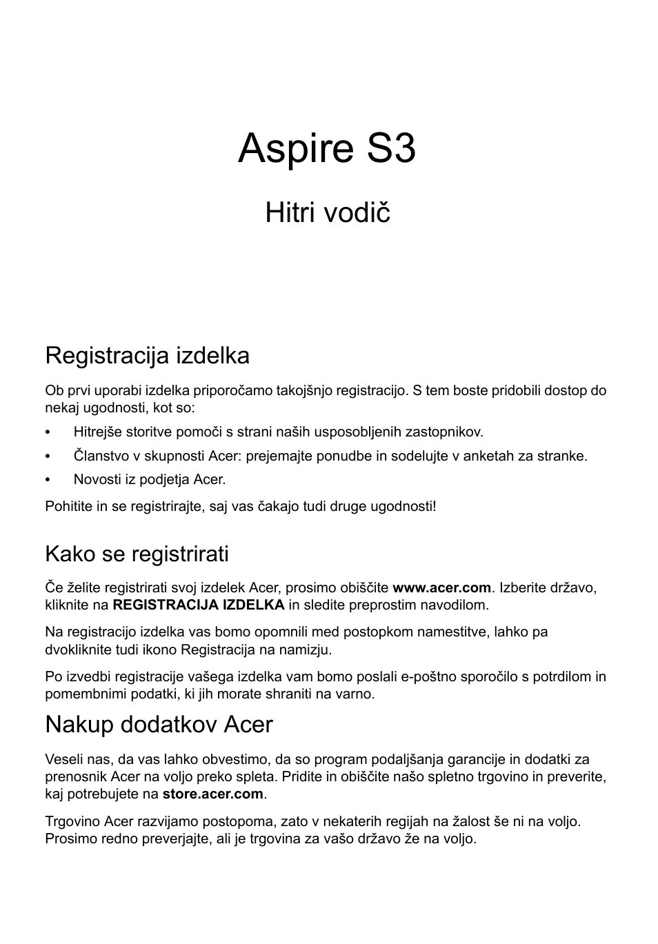 Slovenski, Registracija izdelka, Kako se registrirati | Nakup dodatkov acer, Aspire s3, Hitri vodič | Acer Aspire S3-391 User Manual | Page 199 / 366