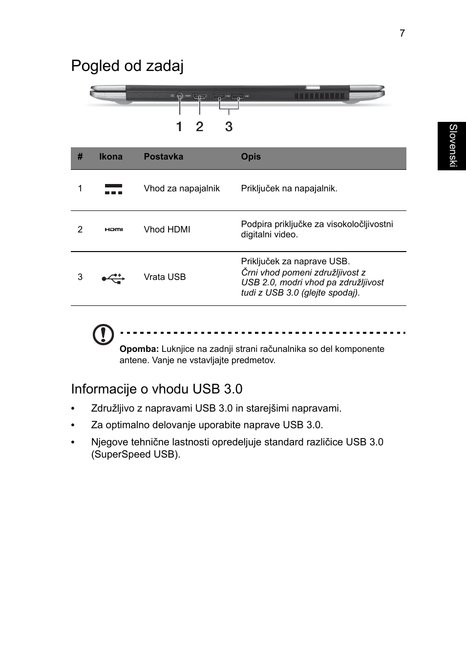 Pogled od zadaj, Informacije o vhodu usb 3.0 | Acer Aspire S3-391 User Manual | Page 205 / 366