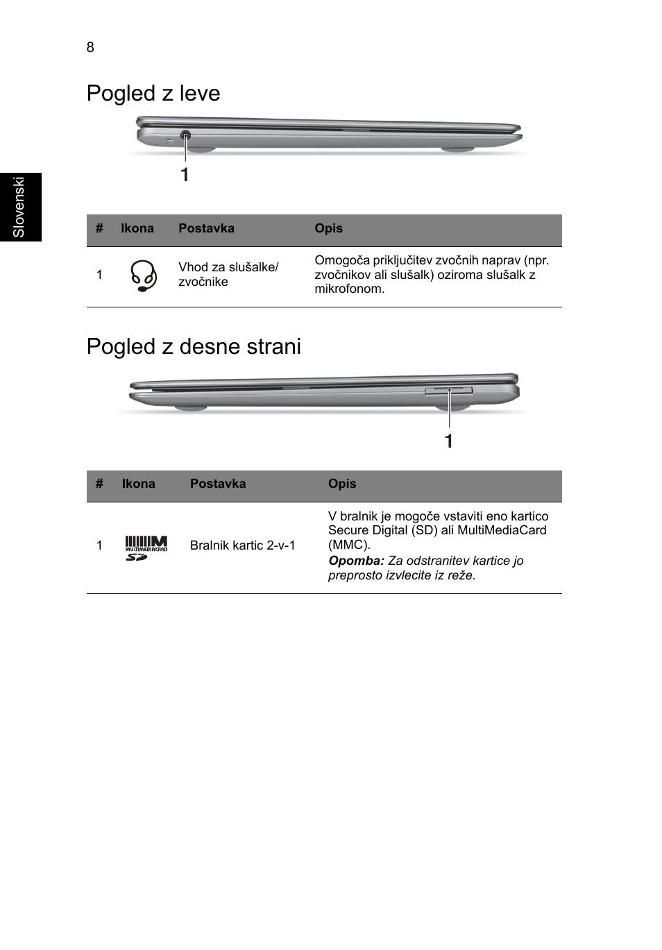 Pogled z leve, Pogled z desne strani, Pogled z leve pogled z desne strani | Acer Aspire S3-391 User Manual | Page 206 / 366
