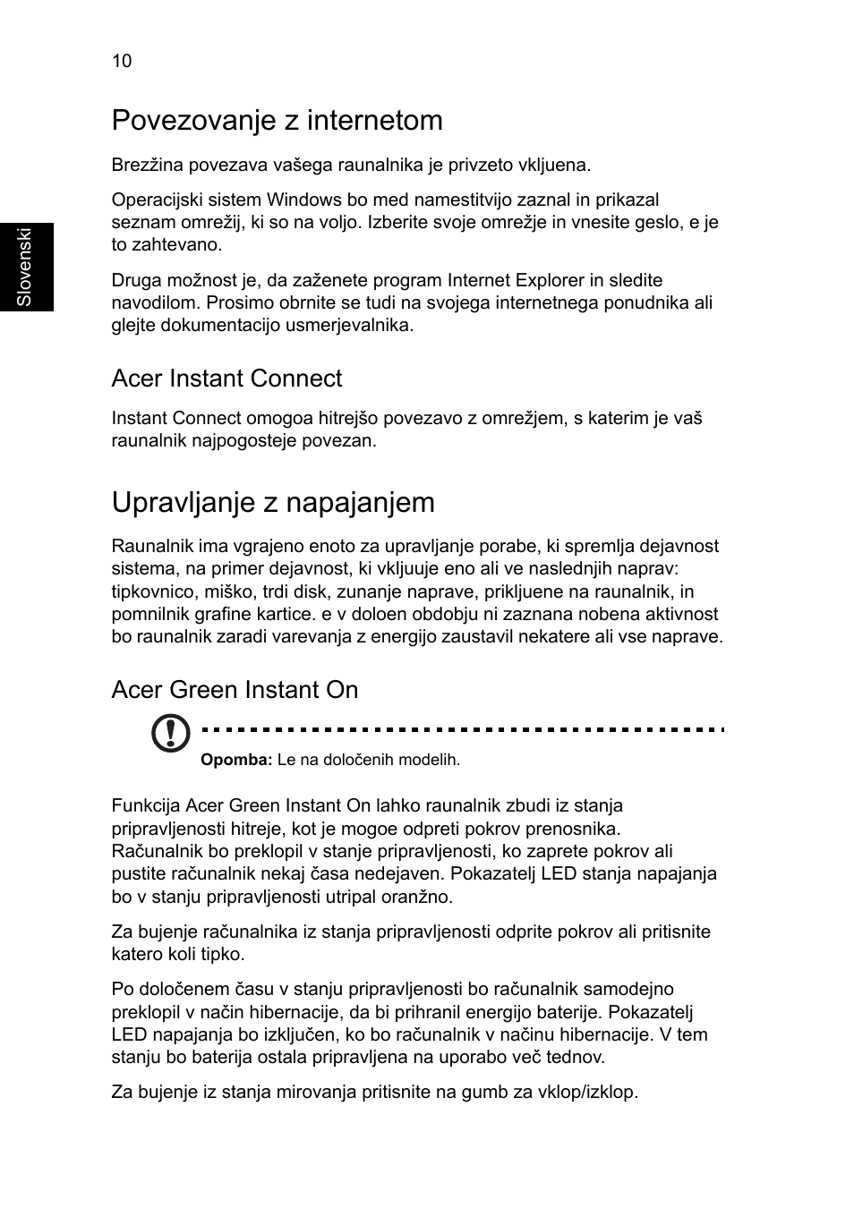 Povezovanje z internetom, Upravljanje z napajanjem, Acer instant connect | Acer green instant on | Acer Aspire S3-391 User Manual | Page 208 / 366