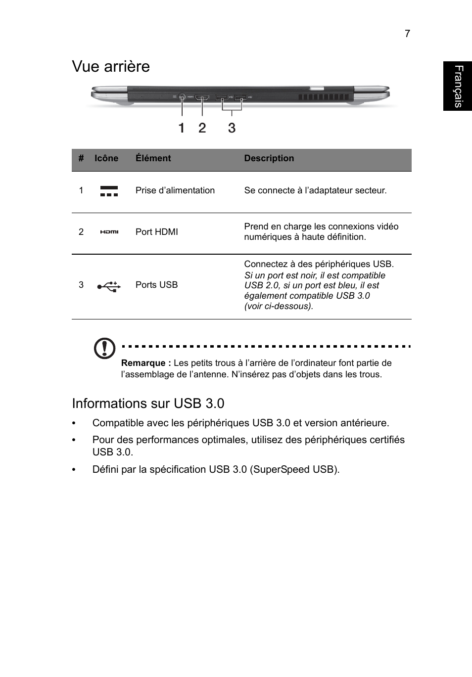 Vue arrière, Français, Informations sur usb 3.0 | Acer Aspire S3-391 User Manual | Page 21 / 366