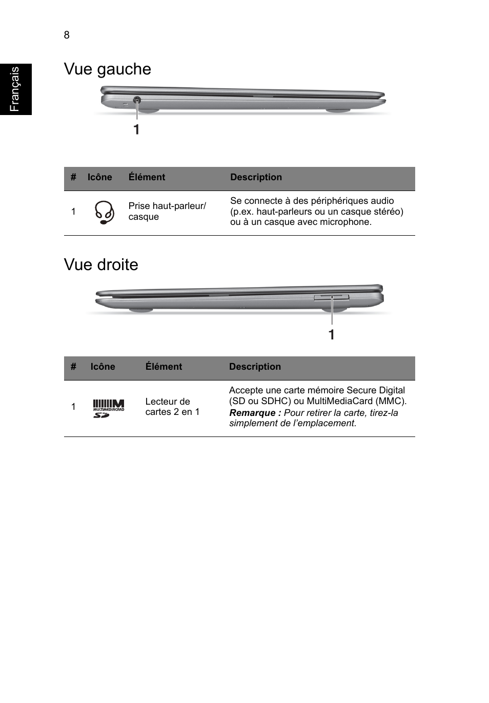 Vue gauche, Vue droite, Vue gauche vue droite | Acer Aspire S3-391 User Manual | Page 22 / 366