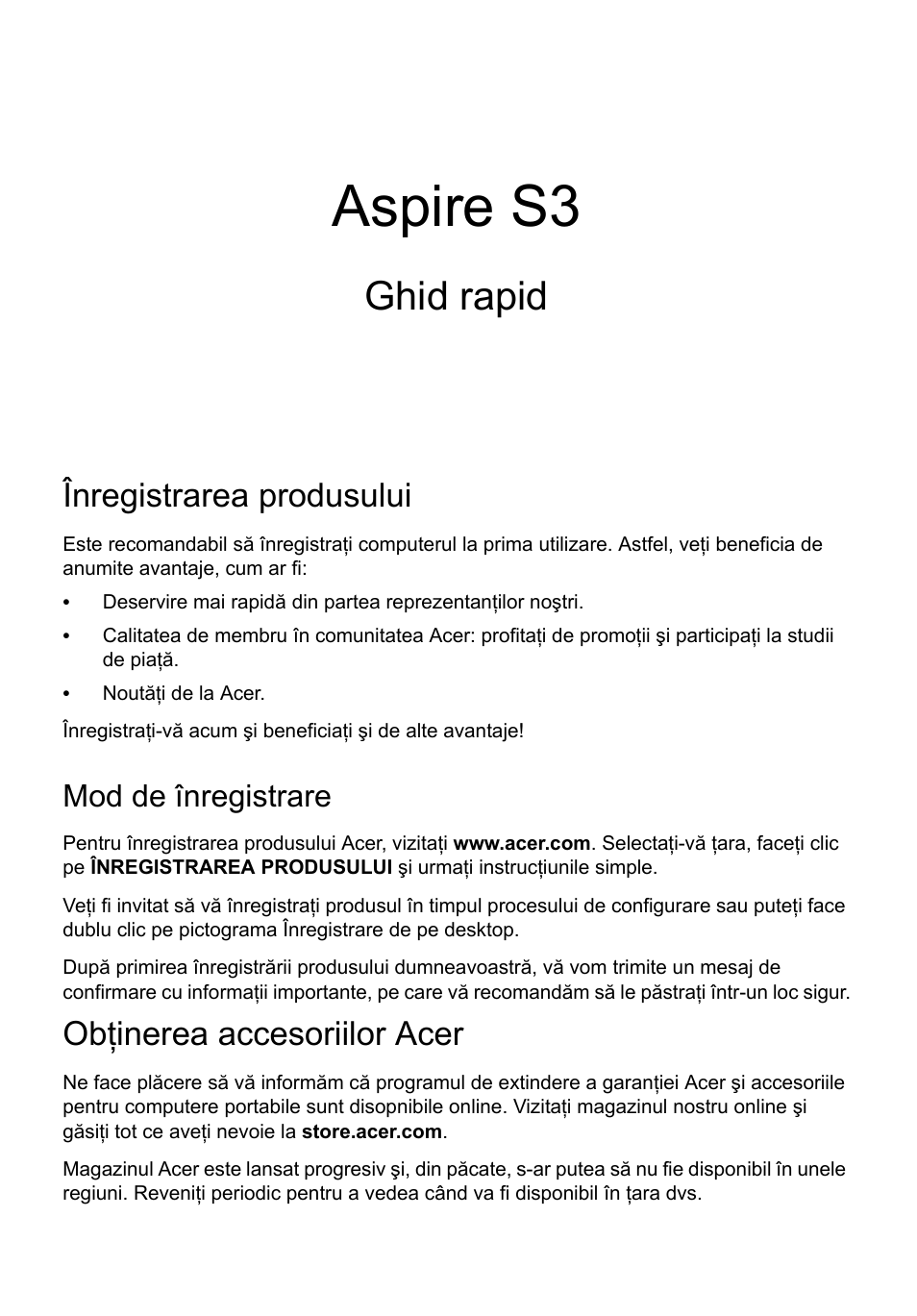 Română, Înregistrarea produsului, Mod de înregistrare | Obţinerea accesoriilor acer, Aspire s3, Ghid rapid | Acer Aspire S3-391 User Manual | Page 223 / 366