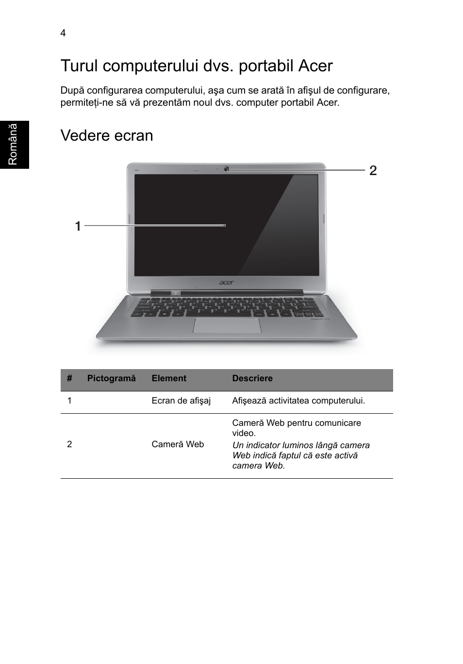 Turul computerului dvs. portabil acer, Vedere ecran | Acer Aspire S3-391 User Manual | Page 226 / 366