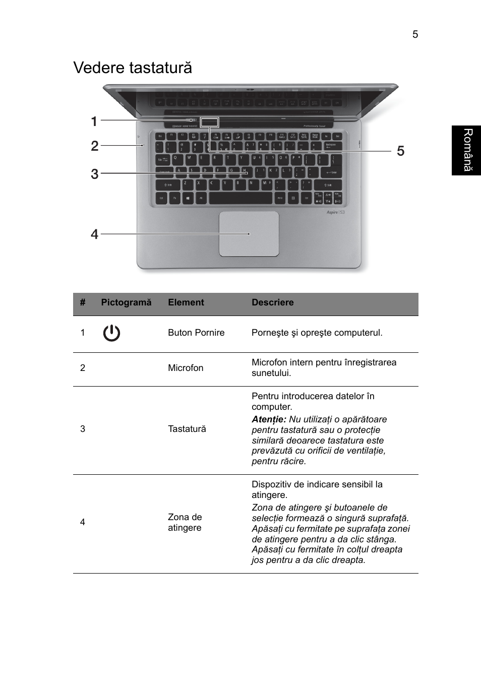 Vedere tastatură | Acer Aspire S3-391 User Manual | Page 227 / 366