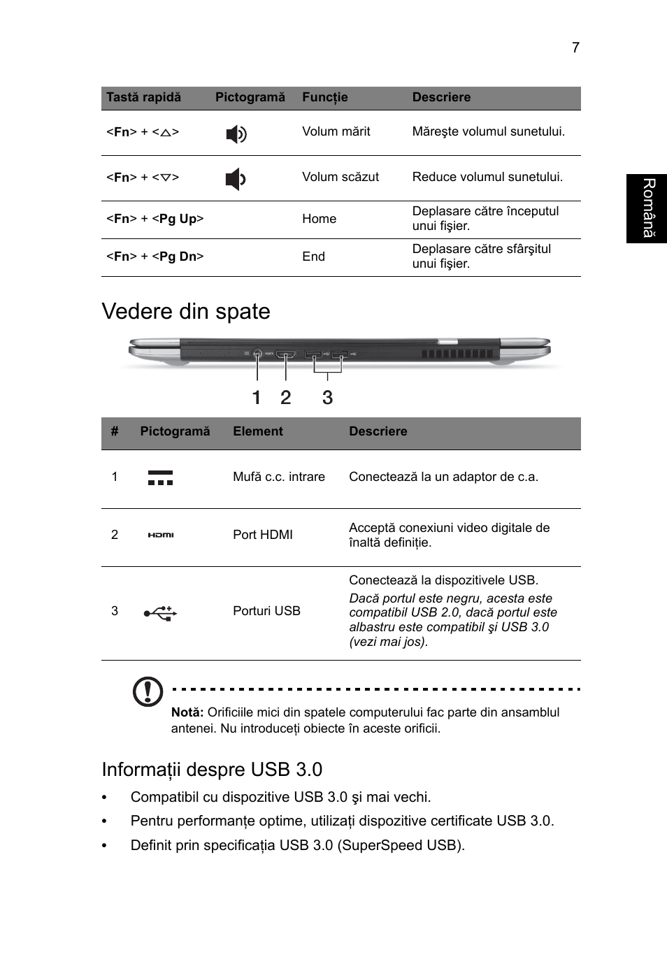 Română vedere din spate, Vedere din spate, Informaţii despre usb 3.0 | Acer Aspire S3-391 User Manual | Page 229 / 366