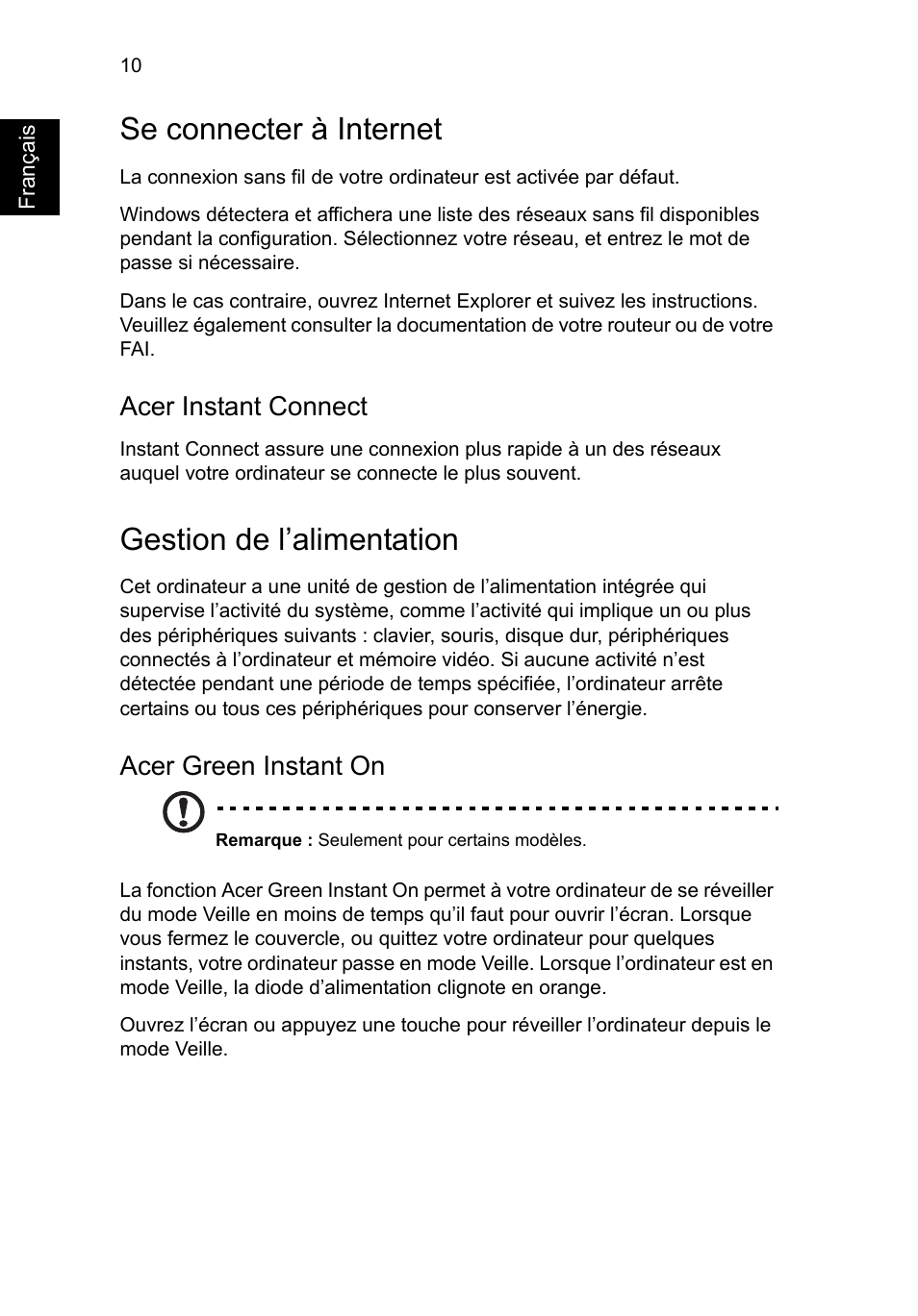 Se connecter à internet, Gestion de l’alimentation, Acer instant connect | Acer green instant on | Acer Aspire S3-391 User Manual | Page 24 / 366