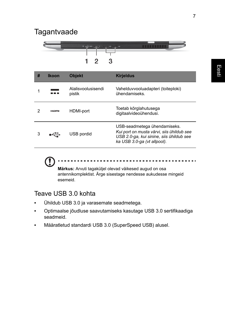 Tagantvaade, Teave usb 3.0 kohta | Acer Aspire S3-391 User Manual | Page 253 / 366