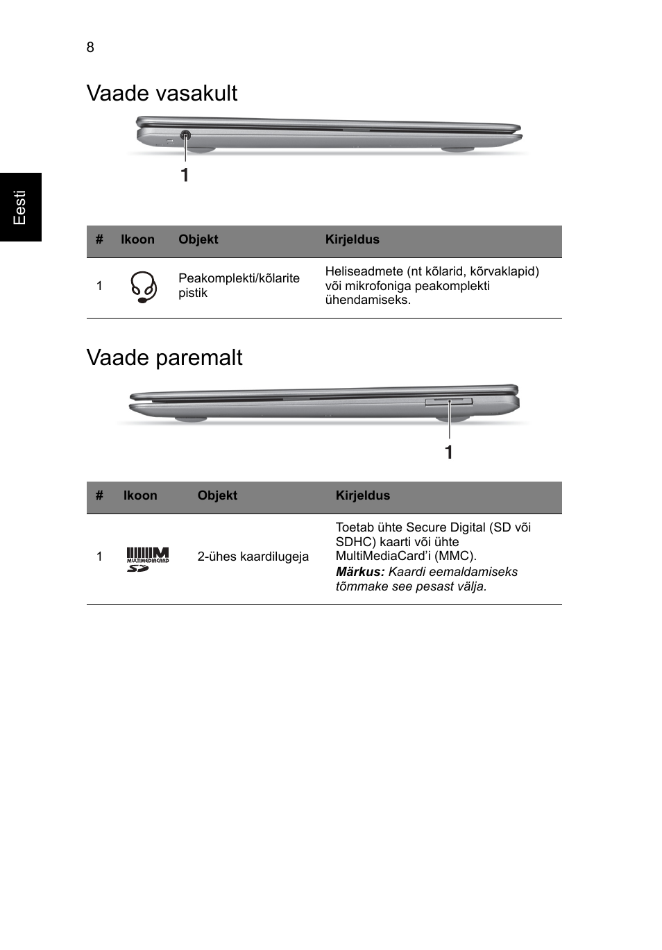 Vaade vasakult, Vaade paremalt, Vaade vasakult vaade paremalt | Acer Aspire S3-391 User Manual | Page 254 / 366