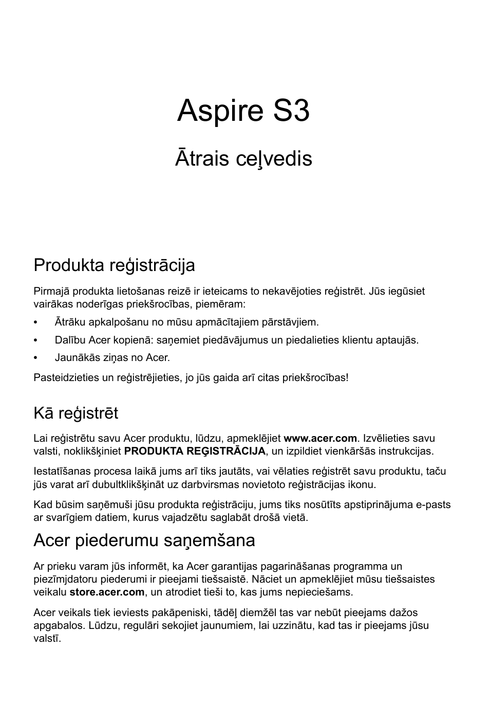 Latviski, Produkta reģistrācija, Kā reģistrēt | Acer piederumu saņemšana, Aspire s3, Ātrais ceļvedis | Acer Aspire S3-391 User Manual | Page 259 / 366