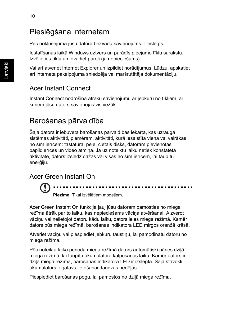 Pieslēgšana internetam, Barošanas pārvaldība, Acer instant connect | Acer green instant on | Acer Aspire S3-391 User Manual | Page 268 / 366