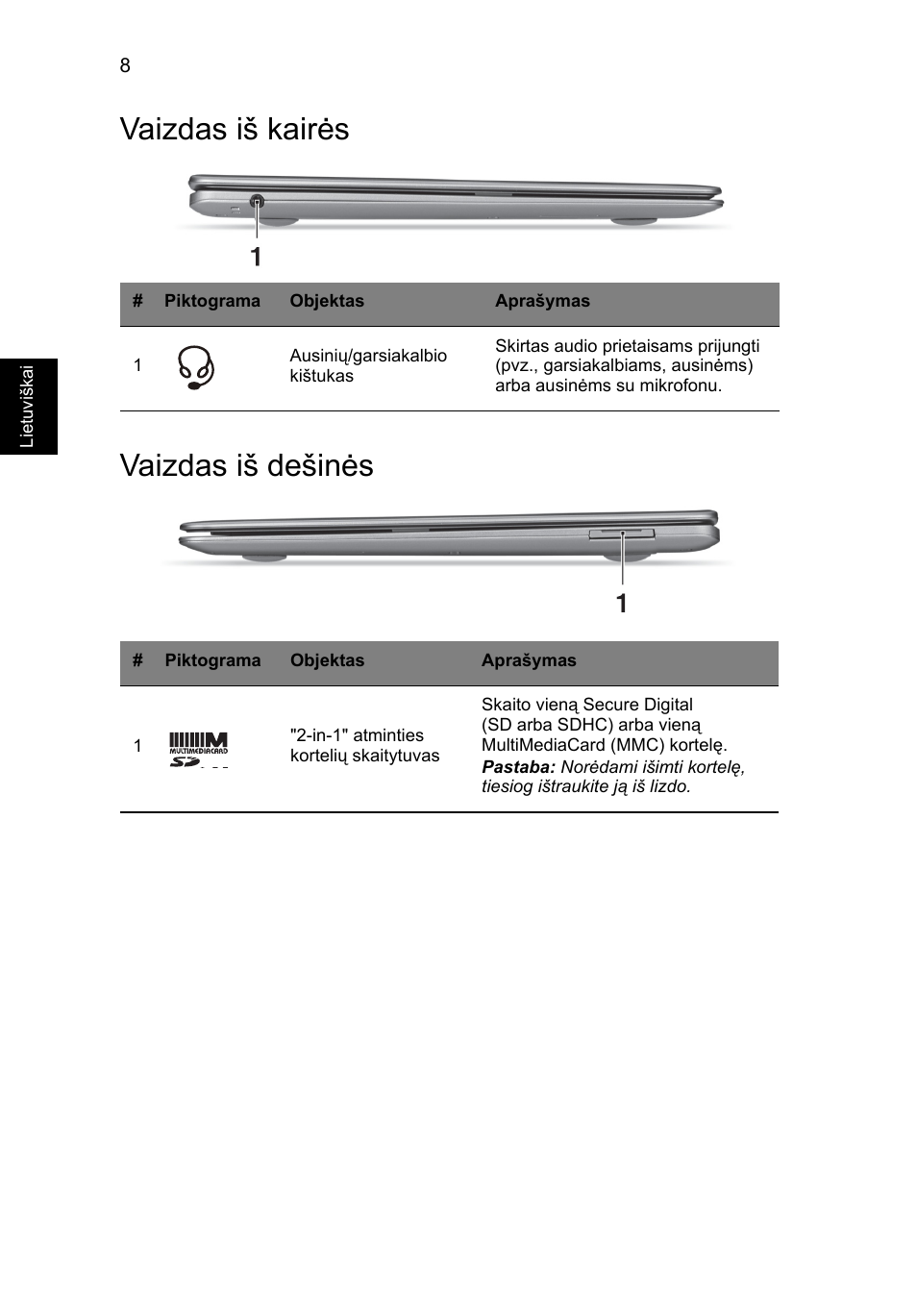 Vaizdas iš kairės, Vaizdas iš dešinės, Vaizdas iš kairės vaizdas iš dešinės | Acer Aspire S3-391 User Manual | Page 278 / 366