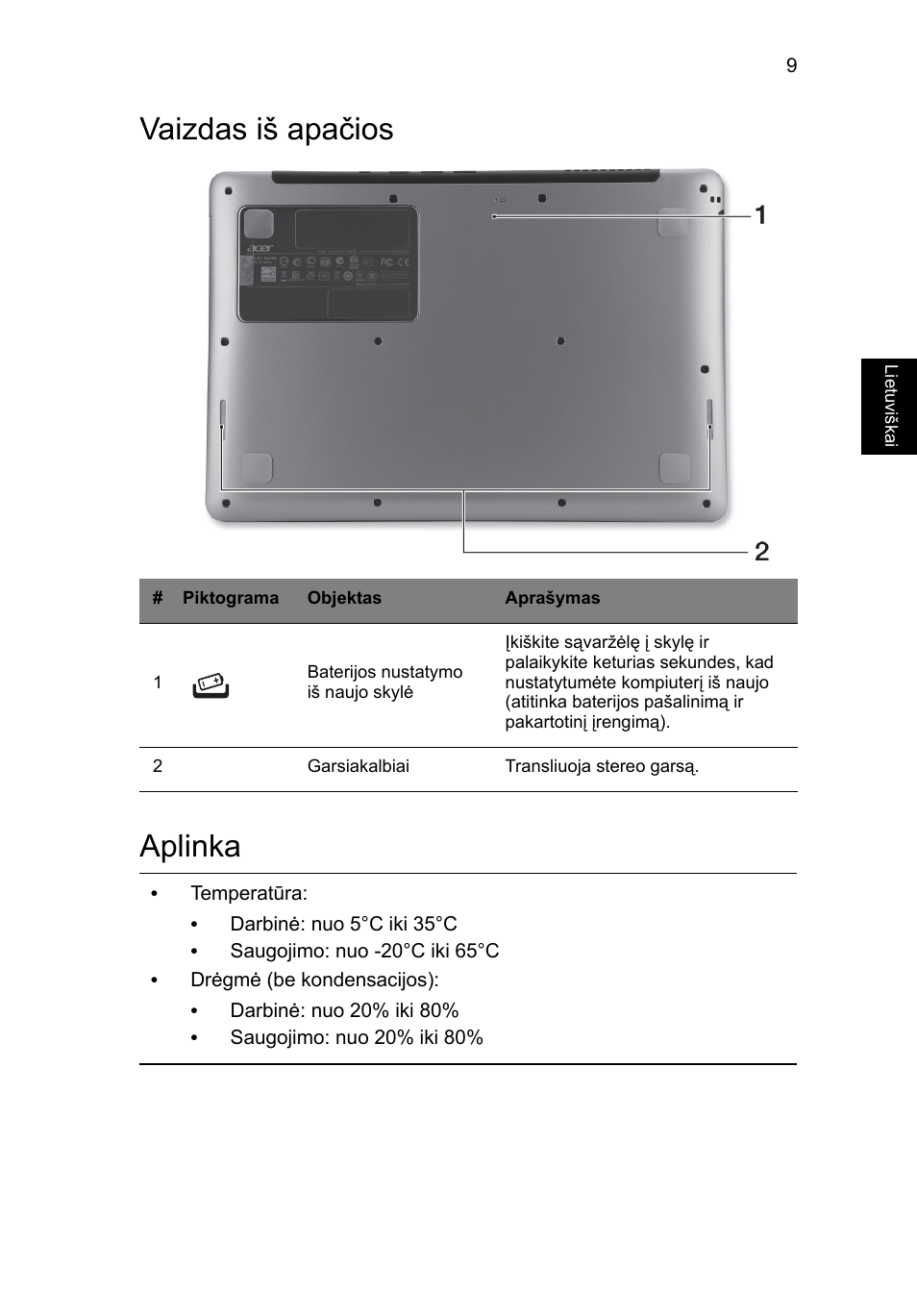 Vaizdas iš apačios, Aplinka, Vaizdas iš apačios aplinka | Acer Aspire S3-391 User Manual | Page 279 / 366