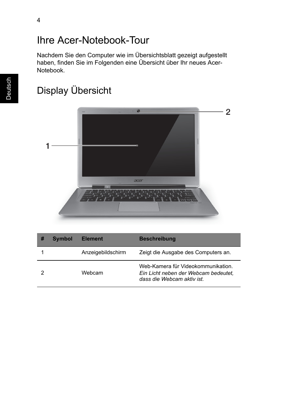 Ihre acer-notebook-tour, Display übersicht | Acer Aspire S3-391 User Manual | Page 30 / 366
