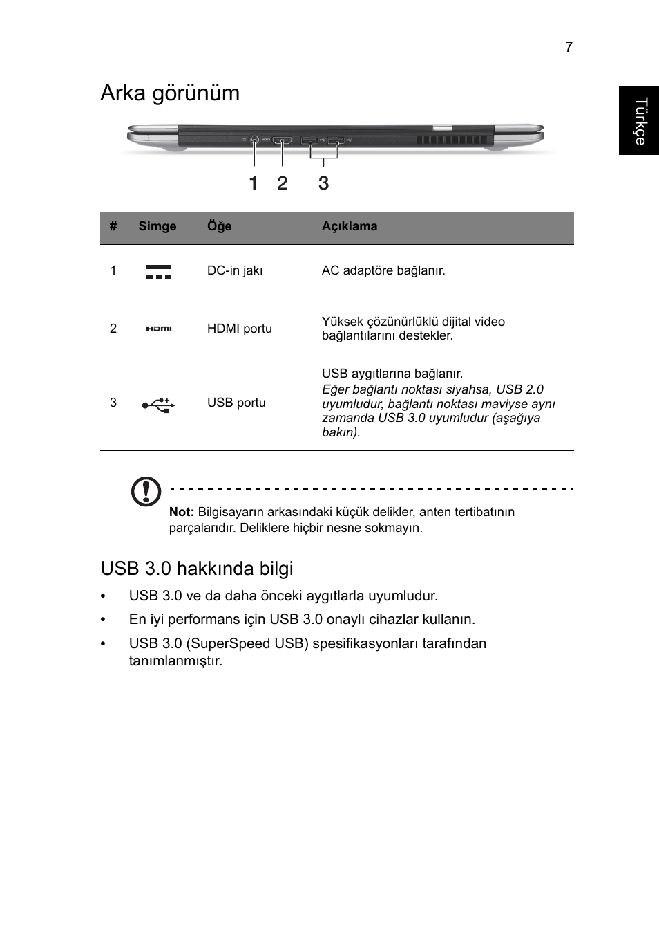 Arka görünüm, Usb 3.0 hakkında bilgi | Acer Aspire S3-391 User Manual | Page 301 / 366