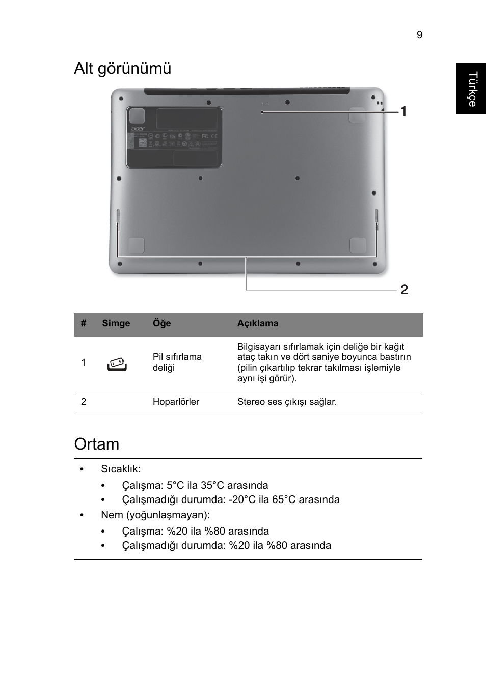 Alt görünümü, Ortam, Alt görünümü ortam | Acer Aspire S3-391 User Manual | Page 303 / 366